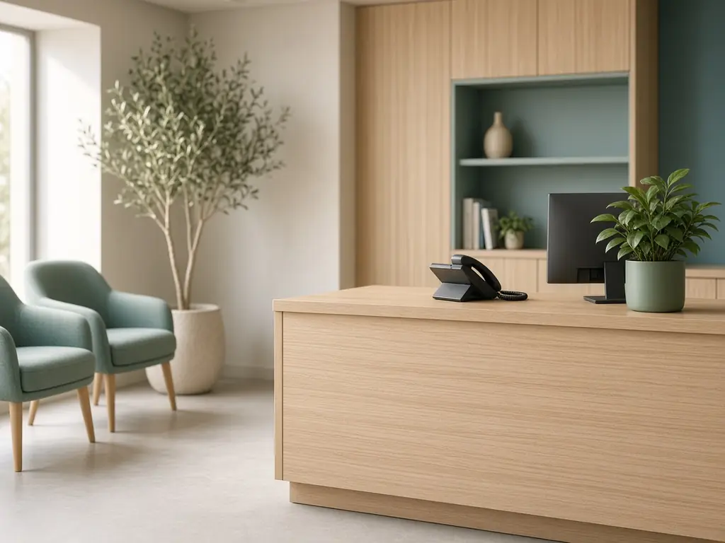 A bright, modern dental reception desk with a phone and waiting chairs, no one at the desk